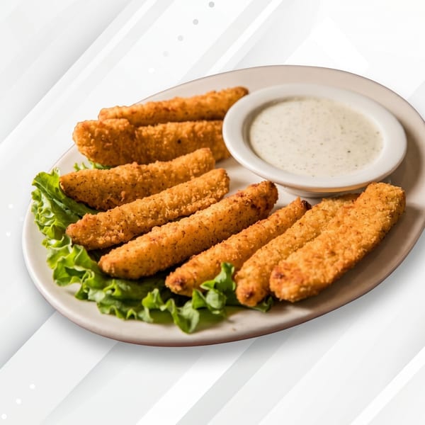 Crispy fried pickle spears on a bed of lettuce with a side of ranch dressing.
