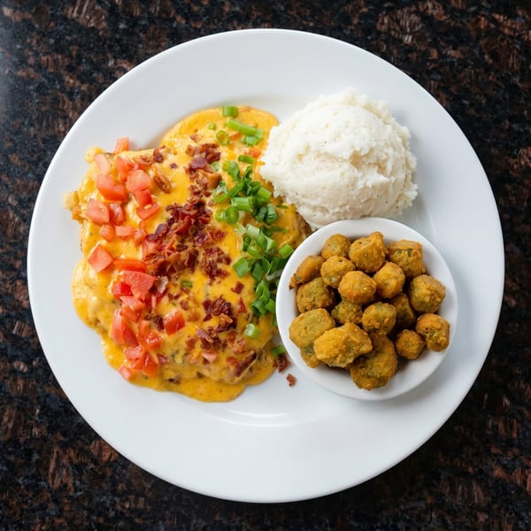 Chicken fried steak with cheese, bacon, tomatoes, green onions, mashed potatoes, and fried okra.